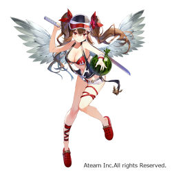 Rule 34 | 1girl, angel wings, armpit crease, bare arms, bare shoulders, bikini, black shirt, blush, breasts, brown hair, cleavage, closed mouth, collarbone, feathered wings, flip-flops, floating hair, flower, food, fruit, full body, gaou (umaiyo puyoman), hair between eyes, hair flower, hair ornament, hair ribbon, halterneck, hand up, hat, head tilt, holding, holding food, holding fruit, holding sword, holding weapon, katana, large breasts, leaning forward, leg ribbon, leg up, long hair, looking at viewer, loose clothes, loose shirt, navel, official art, open fly, peaked cap, randgrid, red bikini, red eyes, red flower, red footwear, red ribbon, ribbon, rope, sandals, shirt, short shorts, shorts, simple background, sleeveless, sleeveless shirt, smile, solo, swimsuit, sword, twintails, v-shaped eyebrows, valkyrie connect, watermark, watermelon, weapon, white background, white shorts, wings, wristband