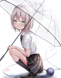 Rule 34 | 1girl, absurdres, alternate costume, black skirt, black socks, blouse, blush, bow, collared shirt, from side, green eyes, hair between eyes, highres, hire (uret4788), holding, holding umbrella, kneehighs, komeiji koishi, loafers, looking at viewer, parted lips, school uniform, shirt, shoes, short hair, short sleeves, skirt, socks, solo, squatting, touhou, transparent, transparent umbrella, umbrella, white shirt
