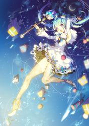Rule 34 | 1girl, :o, aisha landar, alternate hair color, blue background, blue hair, crescent moon, crown, detached sleeves, elsword, full body, gift, long hair, mini crown, moon, pika (kai9464), purple eyes, shoes, skirt, solo, thighhighs, twintails, wand, white skirt, yellow thighhighs