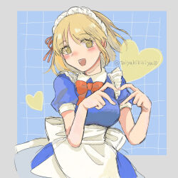 Rule 34 | 1girl, apron, back bow, blonde hair, blue dress, blush, bow, bowtie, breasts, collared dress, commentary request, dress, gensokyo, heart, heart hands, highres, maid, maid headdress, medium breasts, medium hair, mugetsu (touhou), open mouth, puffy short sleeves, puffy sleeves, red bow, red bowtie, short sleeves, solo, touhou, touhou (pc-98), user raht3828, waist apron, waist bow, white apron, yellow eyes