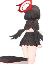Rule 34 | 1girl, ass, black hair, black sailor collar, black serafuku, black skirt, black wings, blue archive, blush, breasts, crop top, crop top overhang, feathered wings, from behind, halo, highres, j2l, large breasts, long sleeves, mashiro (blue archive), no panties, pleated skirt, pussy juice stain, sailor collar, school uniform, serafuku, short hair, signature, simple background, skirt, solo, stain, standing, white background, winged halo, wings