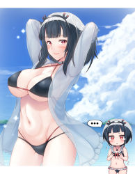 Rule 34 | ..., 1girl, aged up, arms behind head, arms up, bikini, black bikini, black hairband, blue sky, breast conscious, breasts, cleavage, closed mouth, cloud, commentary request, cowboy shot, criss-cross halter, day, grey hair, groin, hairband, halterneck, highres, jitomi monoe, large breasts, lips, long sleeves, magnet, medium hair, midriff, navel, outdoors, pink eyes, pink lips, see-through, sky, smile, spoken ellipsis, stomach, swimsuit, tears, tenneko yuuri, underboob, virtual youtuber, voms, water