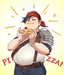 Rule 34 | 1boy, armor, bandana, belt, belt buckle, black hair, blue shorts, brown belt, buckle, closed mouth, commentary request, crow0cc, eating, fat, fat man, final fantasy, final fantasy vii, final fantasy vii remake, food, food in mouth, food on face, gradient background, highres, holding, holding food, holding pizza, male focus, pizza, pizza slice, red bandana, shirt, short hair, shorts, shoulder armor, solo, star (symbol), upper body, wedge (ff7), white shirt