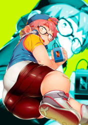 Rule 34 | 1boy, ass, backwards hat, blush, briefs, cassette player, clothes pull, fat, fat man, glasses, hat, headphones, highres, looking at viewer, looking back, male focus, male underwear, open mouth, original, pink hair, shoes, shorts, shorts pull, sneakers, solo, tanaka (tanakasunsun), thick eyebrows, underwear, white briefs, white male underwear, yellow eyes, zoom layer