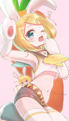 Rule 34 | 1boy, 1girl, ;o, absurdres, animal ears, animal hands, animal print, aqua eyes, armpits, bare shoulders, blonde hair, blush, blush stickers, brother and sister, carrot, chibi, crop top, fang, flat chest, gloves, grey shorts, hair ornament, hairclip, hand to own mouth, highres, kagamine len, kagamine rin, kanato 1227, kneeling, leg warmers, midriff, mini person, miniboy, narrow waist, navel, one eye closed, open mouth, paw gloves, rabbit, rabbit ears, rabbit print, rabbit tail, sailor collar, sailor shirt, shirt, shorts, siblings, single horizontal stripe, skin fang, sleepy, sleeveless, sleeveless shirt, stretching, swept bangs, tail, tears, thighhighs, twins, vocaloid, white thighhighs, yawning
