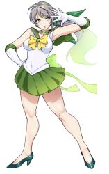 Rule 34 | 1girl, arm up, armpits, bare legs, belt collar, bishoujo senshi sailor moon, bow, breasts, collar, collarbone, cosplay, covered navel, earrings, elbow gloves, gloves, gradient hair, green bow, green eyes, green footwear, green hair, green ribbon, green skirt, grey hair, hand on own hip, high heels, highres, hori shin, impossible clothes, impossible shirt, jewelry, large breasts, legs, looking at viewer, miniskirt, mole, mole under mouth, multicolored hair, open mouth, original, pleated skirt, ponytail, ribbon, sailor collar, sailor senshi uniform, shiny skin, shirt, sidelocks, simple background, skirt, solo, thighs, toe cleavage, white background, white gloves