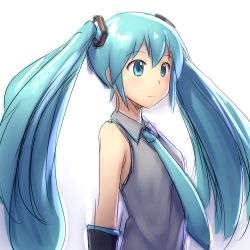 Rule 34 | 1girl, aaaa (quad-a), aqua eyes, aqua hair, aqua necktie, bad id, bad pixiv id, collared shirt, detached sleeves, face, hatsune miku, highres, long hair, necktie, shirt, simple background, sketch, solo, twintails, very long hair, vocaloid, white background