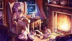 Rule 34 | 1girl, blue eyes, book, braid, commentary, commission, cup, dragoon (selen tatsuki), english commentary, fire, fireplace, firewood, glasses, head wings, heterochromia, highres, holding, holding book, indoors, looking at viewer, mug, nijisanji, nijisanji en, nintendo switch, papercider, picture frame, plate, purple eyes, purple hair, second-party source, selen tatsuki, sitting, smile, snow, snow globe, tree, twin braids, virtual youtuber, window, wings