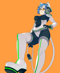 Rule 34 | 1girl, agrs, blue hair, boots, breasts, cable, cable tail, covered erect nipples, enkyo yuuichirou, foreshortening, from below, glasses, gloves, green eyes, mechanical tail, medium breasts, neon trim, plugsuit, simple background, solo, tail, thigh boots, thighhighs, tomokazu sugita no anigera deduuun, usb, usb plug