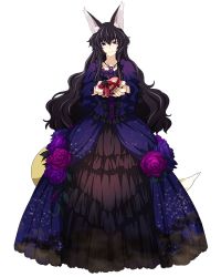 Rule 34 | 1girl, animal ears, black hair, box, collarbone, dress, flower, fox ears, fox tail, full body, gift, gift box, hair between eyes, heart-shaped box, holding, holding box, jewelry, layered dress, log horizon, long dress, long hair, looking at viewer, necklace, nureha (log horizon), official art, purple eyes, purple flower, smile, solo, standing, starry sky print, tail, transparent background, very long hair