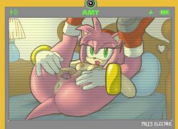 Rule 34 | 1girl, amy rose, animal ears, animal nose, anus, ass, battery indicator, bedroom, body fur, boots, border, breasts, character name, clitoral hood, english text, female focus, furry, furry female, gloves, green eyes, hairband, half-closed eyes, heart, indoors, jaggy lines, lamp, legs up, looking at viewer, lying, medium breasts, nipples, nude, on back, on bed, open mouth, pillow, pink fur, pink hair, presenting, pussy, recording, red footwear, red hairband, rockthebull, short hair, sidelocks, solo, sonic (series), spread legs, spread pussy, tail, teeth, uncensored, white gloves