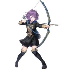 Rule 34 | 1girl, arrow (projectile), bernadetta von varley, black thighhighs, boots, bow (weapon), epaulettes, fire emblem, fire emblem: three houses, fire emblem heroes, full body, highres, nintendo, official art, open mouth, purple eyes, purple hair, short hair, solo, thighhighs, transparent background, weapon
