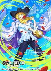 1boy blonde_hair blue_eyes blue_sky cavendish coat coat_on_shoulders commentary_request copyright_name drill_hair feet_out_of_frame flower flower_in_mouth frilled_shirt frills glint hair_between_eyes hat_feather highres holding holding_sword holding_weapon looking_at_viewer male_focus official_art one_piece one_piece_card_game red_petals rose shirt sky solo sparkle sunohara_(encount) sword weapon