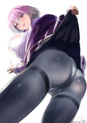 Rule 34 | 1girl, absurdres, ass, black pantyhose, black skirt, blush, breasts, clothes lift, gridman universe, highres, jacket, large breasts, light purple hair, looking at viewer, looking back, mi mi ham, off shoulder, open mouth, panties, panties under pantyhose, pantyhose, purple eyes, purple jacket, shinjou akane, shirt, short hair, sideboob, signature, simple background, skirt, skirt lift, sleeves past wrists, smile, solo, ssss.gridman, thighband pantyhose, underwear, upskirt, white background, white shirt, zipper