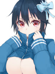 Rule 34 | 10s, 1girl, black hair, blush, bow, breasts, female focus, hair bow, hair ornament, highres, jacket, kou mashiro, large breasts, long sleeves, looking at viewer, mole, nisekoi, no nipples, red eyes, short hair, simple background, sleeves past wrists, solo, track jacket, tsugumi seishirou, underboob, upper body, white background