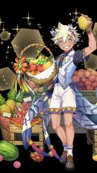Rule 34 | 1boy, apple, banana, basket, blonde hair, blue eyes, commentary request, eye contact, food, fruit, fruit basket, haneha, highres, holding, holding basket, holding food, holding fruit, looking at another, looking at viewer, male focus, orange (fruit), original, pear, pineapple, profile, shorts, solo, standing, straight-on, watermelon