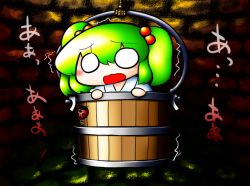 Rule 34 | 1girl, blush, bucket, bug, female focus, green hair, hair bobbles, hair ornament, in bucket, in container, bug, japanese text, kisume, ladybug, open mouth, short hair, solo, touhou, translation request, trembling, twintails, white eyes, yaise