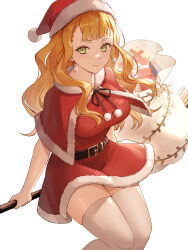 Rule 34 | 1girl, alternate costume, belt, black clover, blunt bangs, broom, broom riding, capelet, christmas, christmas present, closed mouth, dress, earrings, fur-trimmed capelet, fur-trimmed dress, fur trim, gift, green eyes, hat, highres, jewelry, long hair, looking at viewer, mimosa vermillion, orange hair, plant, red capelet, red dress, santa costume, santa hat, smile, solo, thighhighs, tsugutoku, vines, wavy hair, white background, white bag, white thighhighs