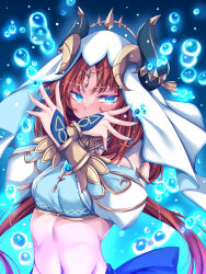 Rule 34 | 1girl, aqua eyes, aqua nails, blue gemstone, bracer, brooch, circlet, closed mouth, commentary request, crop top, detached sleeves, fake horns, gem, genshin impact, glowing, glowing eyes, gold trim, hands up, harem outfit, highres, horns, jewelry, long hair, long sleeves, looking at viewer, navel, neck ring, nilou (genshin impact), parted bangs, puffy long sleeves, puffy sleeves, red hair, sidelocks, solo, stomach, suterii, twintails, upper body, water, white headwear, white veil, x arms