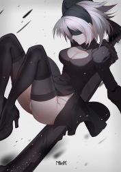 Rule 34 | 1girl, ass, black dress, black thighhighs, blindfold, boots, breasts, center opening, cleavage, copyright name, dress, expressionless, falling, high heel boots, high heels, holding, holding sword, holding weapon, knees up, large breasts, legs apart, long sleeves, nier (series), nier:automata, panties, pantyshot, rizky (strated), short hair, silver hair, solo, sword, thighhighs, thighs, underwear, weapon, wind, wind lift, 2b (nier:automata)