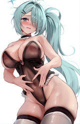 Rule 34 | 1girl, alternate costume, bare arms, bare shoulders, belt, black belt, black leotard, blue archive, blush, breasts, choker, covered erect nipples, covered navel, cowboy shot, embarrassed, fingernails, frilled choker, frilled leotard, frills, furrowed brow, green eyes, green hair, green halo, groin, hair ornament, hair over one eye, hairclip, halo, hands on own stomach, highleg, highleg leotard, highres, hiyori (blue archive), large breasts, leotard, long hair, looking at viewer, navel, one eye covered, open mouth, see-through, side ponytail, simple background, skindentation, solo, standing, stone (ksorede), strapless, strapless leotard, tearing up, thighhighs, thighs, underbust, very long hair, wavy mouth, white background, white thighhighs