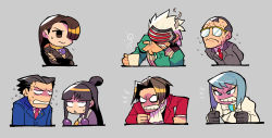 Rule 34 | 3girls, 4boys, absurdres, ace attorney, blue eyes, blue hair, blue jacket, breasts, brown hair, cigarette, cleavage, clenched teeth, closed mouth, crossed arms, cup, dress, earrings, flying sweatdrops, franziska von karma, glasses, godot (ace attorney), grey background, hair over one eye, hair slicked back, highres, holding, holding cigarette, jacket, jewelry, jitome, juliet sleeves, long hair, long sleeves, looking at viewer, maya fey, mia fey, miles edgeworth, mole, mole under eye, multiple boys, multiple girls, necktie, one eye covered, opaque glasses, over-rim eyewear, parted lips, phoenix wright, puffy sleeves, rariatto (ganguri), red neckwear, semi-rimless eyewear, simple background, teeth, tomoe (symbol), topknot, visor, white hair, winston payne, yellow-framed eyewear