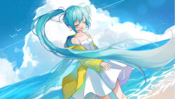 Rule 34 | 1girl, absurdres, ahoge, beach, blue sky, breasts, buttons, closed eyes, cloud, collarbone, commentary request, cowboy shot, cumulonimbus cloud, day, dress, dutch angle, fingernails, floating hair, hair intakes, hatsune miku, highres, jacket, long hair, long sleeves, noneon319, ocean, open clothes, open jacket, open mouth, outdoors, sidelocks, sky, small breasts, smile, solo, twintails, very long hair, vocaloid, white dress, yellow jacket