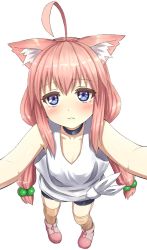 Rule 34 | 1girl, ahoge, animal ear fluff, animal ears, arms up, asymmetrical legwear, bike shorts, blue eyes, boots, cat ears, choker, from above, hair bobbles, hair ornament, highres, hinata channel, jd (bibirijd), long hair, looking up, low twintails, mismatched legwear, nekomiya hinata, orange thighhighs, outstretched arms, pink hair, shorts, solo, striped clothes, striped thighhighs, thighhighs, twintails, vest, virtual youtuber, white vest