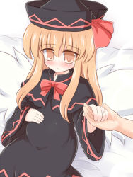 Rule 34 | 1girl, blonde hair, blush, female focus, hat, jewelry, lily black, lily white, pregnant, ring, ry (yagoyago), sitting, solo, touhou, white background, wings, yellow eyes