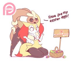 Rule 34 | 2girls, animal ears, animal hands, animated, animated gif, arms up, basket, black sclera, blush, braixen, breasts, breasts squeezed together, closed eyes, colored sclera, creatures (company), diives, easter, easter egg, egg, english text, female orgasm, fox ears, fox tail, furry, game freak, gen 4 pokemon, gen 6 pokemon, grabbing, grabbing another&#039;s breast, groping, happy, heart, kneeling, lopunny, medium breasts, mega lopunny, mega pokemon, moaning, multiple girls, nintendo, nipples, open mouth, orgasm, pantyhose, patreon logo, pokemon, pokemon (creature), pokemon dppt, pokemon xy, rabbit ears, rabbit tail, red eyes, sign, signpost, simple background, smile, standing, tail, text focus, torn clothes, torn legwear, watermark, web address, white background, yuri