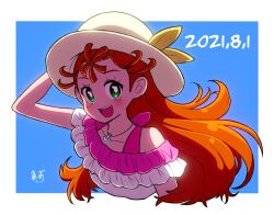 Rule 34 | 1girl, alternate hairstyle, arm up, artist name, blue background, commentary, cropped torso, dated, frilled shirt, frills, green eyes, hair down, hand on headwear, hat, hat ribbon, jewelry, long hair, looking at viewer, natsuumi manatsu, necklace, open mouth, orange hair, out of frame, outside border, pink shirt, precure, ribbon, shell, shell necklace, shirt, signature, smile, solo, sun hat, tropical-rouge! precure, upper body, white hat, yellow ribbon, zerolay