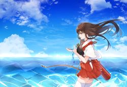 Rule 34 | 1girl, akagi (kancolle), arrow (projectile), bow (weapon), brown eyes, brown hair, closed mouth, cloud, day, from side, hakama, hakama short skirt, hakama skirt, highres, holding, holding bow (weapon), holding weapon, japanese clothes, kantai collection, kozu (bloomme1 me), long hair, muneate, ocean, outdoors, profile, quiver, red hakama, skirt, sky, solo, tasuki, thighhighs, water, weapon, white thighhighs, wind