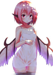 Rule 34 | 1girl, animal ears, blush, breasts, chemise, ebi 193, looking at viewer, md5 mismatch, mystia lorelei, pink hair, red eyes, revision, see-through, short hair, simple background, small breasts, solo, touhou, wading, water, wet, white background, wings