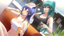 Rule 34 | 2girls, :d, arknights, bare arms, bare shoulders, black shirt, blue hair, breasts, camisole, can, ch&#039;en (arknights), cleavage, collarbone, commentary, crop top, cup, dragon horns, dutch angle, green hair, hair between eyes, hand on another&#039;s head, highres, holding, holding can, holding cup, horns, hoshiguma (arknights), indoors, kernel killer, large breasts, long hair, midriff, multiple girls, navel, one eye closed, open mouth, panties, ponytail, red eyes, shirt, single horn, smile, spaghetti strap, stomach, symbol-only commentary, towel, towel on head, underwear, white panties, yellow eyes