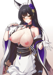 Rule 34 | 1girl, :q, absurdres, animal ear fluff, animal ears, apron, azur lane, bare shoulders, black bow, black bowtie, black hair, black ribbon, black sash, bow, bowtie, breasts, breasts out, brown background, brown eyes, cleavage, clothes pull, cowboy shot, dated, facial mark, facial tattoo, fingerless gloves, flower, fox ears, fox girl, frilled apron, frilled hairband, frills, gloves, hair flower, hair ornament, hairband, hand up, highres, holding, japanese clothes, kimono, large breasts, long hair, looking at viewer, maid, maid apron, maid headdress, musashi (azur lane), musashi (violet moonglow) (azur lane), nipples, obi, open clothes, outstretched hand, ribbon, sash, sidelocks, signature, simple background, single fingerless glove, smile, solo, tattoo, tongue, tongue out, unique (pixiv12704744), very long hair, wa maid, waist apron, white apron, white background, white gloves, white hairband, wide sleeves, yellow eyes