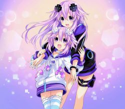 Rule 34 | 2girls, adult neptune, choujigen game neptune, collarbone, cowboy shot, d-pad, dual persona, gradient background, hair ornament, highres, hood, hooded track jacket, hug, jacket, long hair, looking at another, multiple girls, neptune (neptunia), neptune (series), official art, open mouth, purple eyes, purple hair, shin jigen game neptune vii, short hair, simple background, smile, striped clothes, striped legwear, striped thighhighs, thighhighs, track jacket, tsunako, zettai ryouiki
