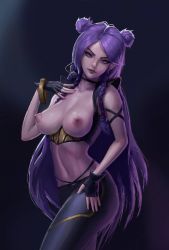 Rule 34 | 1girl, bracelet, braid, breasts, breasts out, choker, collarbone, double bun, fingerless gloves, gloves, hand on own chest, hand on own thigh, highres, jewelry, k/da kai&#039;sa, kai&#039;sa, large breasts, league of legends, long hair, looking at viewer, matching hair/eyes, microphone, midriff, navel, pants, phagus, purple eyes, purple hair, solo, twin braids