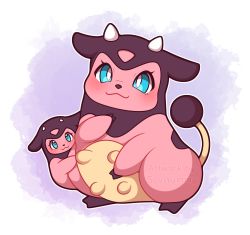 Rule 34 | :3, artist name, baby, blue eyes, blush, creatures (company), game freak, gen 2 pokemon, highres, horns, looking at viewer, miltank, nintendo, outline, pink background, pokemon, pokemon (creature), sevi (seviyummy), smile, watermark, white background, white outline
