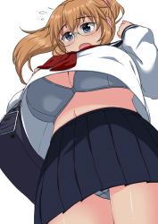Rule 34 | 1girl, bag, bespectacled, black skirt, bra, breasts, charlotte e. yeager, cleavage, crop top, crop top overhang, embarrassed, female focus, flying sweatdrops, from below, glasses, handbag, highres, komusou (jinrikisha), large breasts, long hair, long sleeves, open mouth, orange hair, panties, pleated skirt, plump, school uniform, serafuku, simple background, skirt, solo, strike witches, underwear, upskirt, white background, wind, wind lift, world witches series