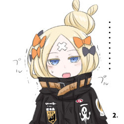Rule 34 | ..., 1girl, abigail williams (fate), abigail williams (traveling outfit) (fate), black bow, black jacket, blonde hair, blue eyes, blush, bow, colored eyelashes, crossed bandaids, fate/grand order, fate (series), hair bow, hair bun, heroic spirit traveling outfit, jacket, key, leaning to the side, long hair, long sleeves, looking at viewer, neon-tetora, hugging object, official alternate costume, open mouth, orange bow, parted bangs, simple background, single hair bun, sleeves past fingers, sleeves past wrists, solo, star (symbol), stuffed animal, stuffed toy, teddy bear, teeth, trembling, upper body, upper teeth only, white background