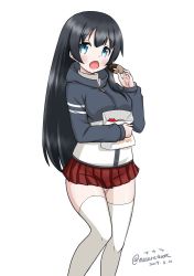 Rule 34 | 1girl, agano (kancolle), black hair, commentary request, dated, doughnut, eating, food, green eyes, jacket, kantai collection, long hair, looking at viewer, masara (chuujou), multicolored clothes, multicolored jacket, one-hour drawing challenge, open mouth, panties, pantyshot, pleated skirt, red skirt, simple background, skirt, solo, standing, thighhighs, twitter username, two-tone jacket, underwear, white background, white panties, white thighhighs