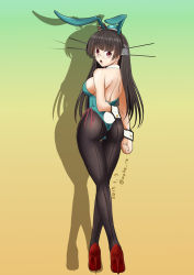 Rule 34 | 1girl, :o, alternate costume, animal ears, aqua bunny ears, aqua hat, aqua leotard, arm at side, arm behind back, ass, back, bare arms, bare back, bare shoulders, black hair, blunt bangs, blush, breasts, choukai (kancolle), clenched hand, crossed legs, detached collar, fake animal ears, fake tail, female focus, full body, glasses, gradient background, hair ornament, hat, headgear, high heels, kantai collection, leotard, long hair, looking at viewer, looking back, medium breasts, moke ro, open mouth, pantyhose, playboy bunny, rabbit ears, rabbit tail, red eyes, red footwear, rimless eyewear, shadow, shoes, sideboob, solo, standing, stiletto heels, strapless, strapless leotard, tail, watson cross
