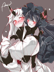 Rule 34 | 10s, 2girls, abyssal ship, black hair, blush, bonnet, breasts, collar, colored skin, detached sleeves, dress, covered erect nipples, glowing, glowing eyes, groping, hand under clothes, heart, horns, hug, hug from behind, huge breasts, isolated island oni, kantai collection, lolita fashion, mtu (orewamuzituda), multiple girls, no panties, red eyes, ribbed dress, seaport princess, smile, sweat, white hair, white skin, yuri