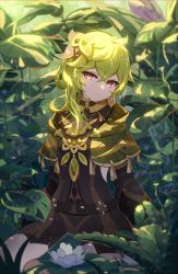 Rule 34 | 1girl, absurdres, ahoge, black dress, breasts, capelet, collei (genshin impact), crossed bangs, detached sleeves, dress, flower, genshin impact, green capelet, green hair, green theme, hair ornament, highres, jewelry, leaf, looking at viewer, medium hair, nature, outdoors, plant, purple eyes, red eyes, shadow, sitting, smile, solo, sunlight, thighs, zhuchengbi