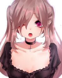 Rule 34 | 1girl, arms behind back, blood, bloody tears, breasts, brown hair, choker, colored sclera, commentary request, cross, crucifix, hair over one eye, highres, long hair, looking at viewer, medium breasts, neit ni sei, one eye closed, open mouth, original, pointy ears, red sclera, shiny skin, solo, twintails, upper body, white background