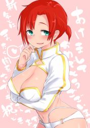 Rule 34 | 1girl, aqua eyes, bad id, bad twitter id, blush, boudica (fate), breast hold, breasts, cleavage, eyebrows, eyes visible through hair, fate/grand order, fate (series), fingernails, groin, hair intakes, hand up, heart, highleg, highleg panties, highres, hip bones, inactive account, large breasts, long sleeves, navel, o-ring, o-ring bottom, o-ring top, open mouth, panties, pink background, puffy long sleeves, puffy sleeves, red hair, sagging breasts, short hair, short ponytail, shrug (clothing), smile, solo, speech bubble, spoken heart, stomach, suga saru, underwear, white panties