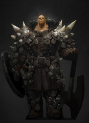 Rule 34 | 1boy, armor, axe, belt, boots, brown gloves, brown hair, fur trim, gloves, grey background, holding, holding shield, hunting era, male focus, muscular, padded armor, sangsoo jeong, shield, shoulder armor, simple background, solo, spiked armor