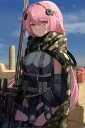 Rule 34 | 1girl, anti-materiel rifle, black thighhighs, blue sky, brand name imitation, breasts, camouflage cloak, can, cloak, cloud, commentary, corrupted twitter file, day, dr pepper, gamryous, girls&#039; frontline, green cloak, grey leotard, gun, hair between eyes, hair intakes, highres, leotard, long hair, medium breasts, name connection, ntw-20, ntw-20 (girls&#039; frontline), ntw-20 (mod3) (girls&#039; frontline), object namesake, outdoors, pink eyes, pink hair, rifle, scope, sky, sniper rifle, solo, thighhighs, very long hair, weapon