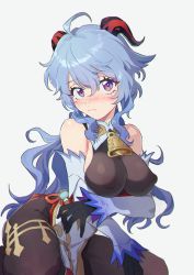 Rule 34 | 1girl, absurdres, ahoge, bell, black bodysuit, black gloves, blue hair, blush, bodysuit, breasts, closed mouth, covered erect nipples, cowbell, detached sleeves, ganyu (genshin impact), genshin impact, gloves, goat horns, grey background, hair between eyes, highres, honlo, horns, large breasts, long hair, looking at viewer, purple eyes, simple background, sitting, solo, vision (genshin impact)