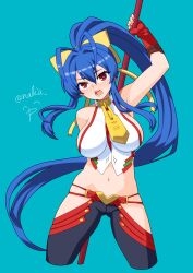 Rule 34 | 1girl, absurdres, antenna hair, artist name, bare shoulders, blazblue, blazblue: central fiction, blazblue variable heart, blue hair, breasts, cowboy shot, crop top, fingerless gloves, genderswap, genderswap (mtf), gloves, hair ribbon, hida naria, highres, hip vent, holding, holding weapon, large breasts, long hair, mai natsume, navel, open mouth, ponytail, red eyes, red gloves, ribbon, sideboob, sidelocks, sleeveless, solo, teeth, very long hair, weapon